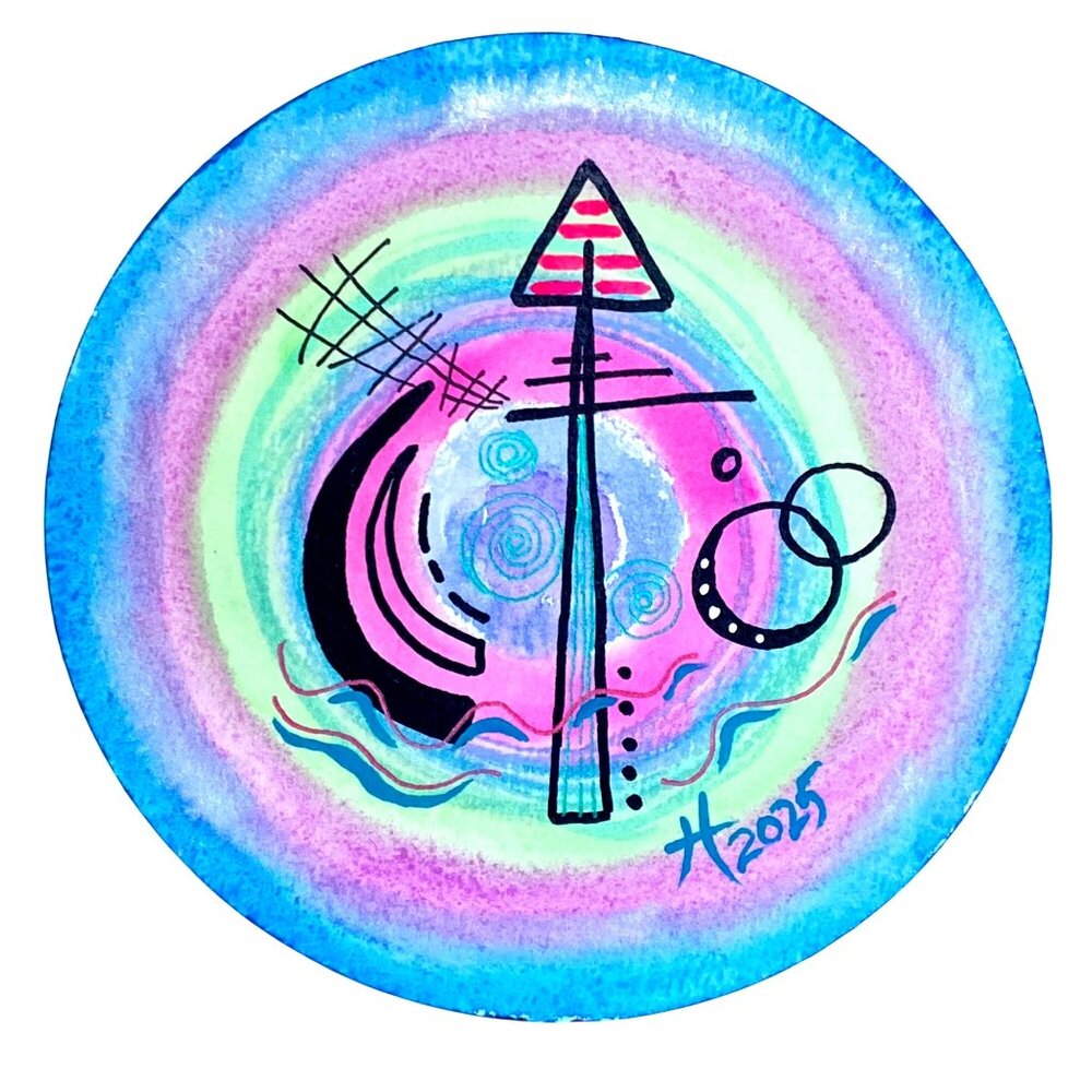 Art Original Head this Way Watercolor Mix Media Painting Artwork 6.4in Diameter